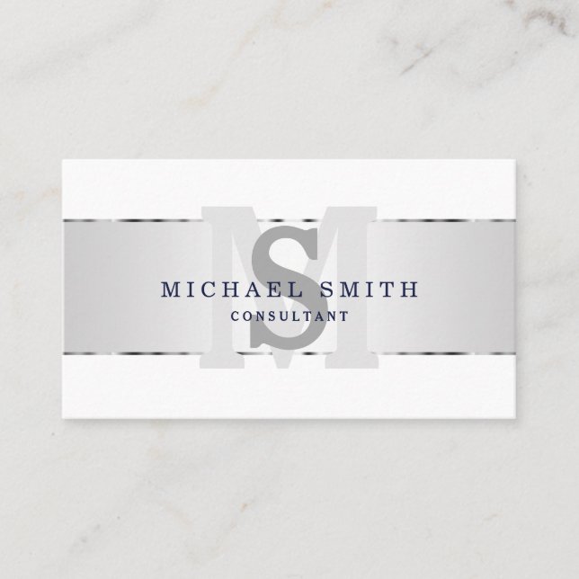 Elegant Modern FAUX Silver Striped Monogram White Business Card (Front)