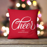 Elegant Modern Festive Red Script Cheer Christmas Throw Pillow<br><div class="desc">This elegant yet modern holiday throw pillow features a modern calligraphy script greeting that says "Cheer" and modern typography over a festive red background. Both sides of the pillow are identical. All colours of this design are customizable,  just click "edit using design tool".</div>