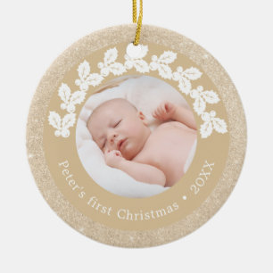 Elegant modern first Christmas baby photo custom Ceramic Ornament