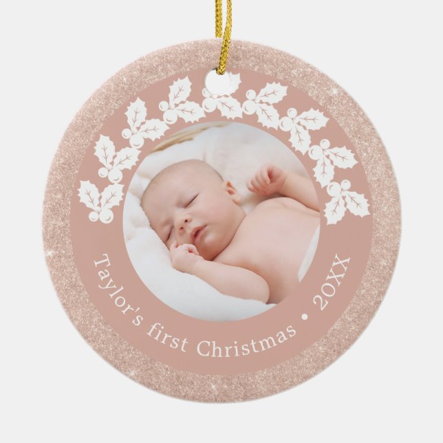Elegant modern first Christmas baby photo custom Ceramic Ornament (Front)