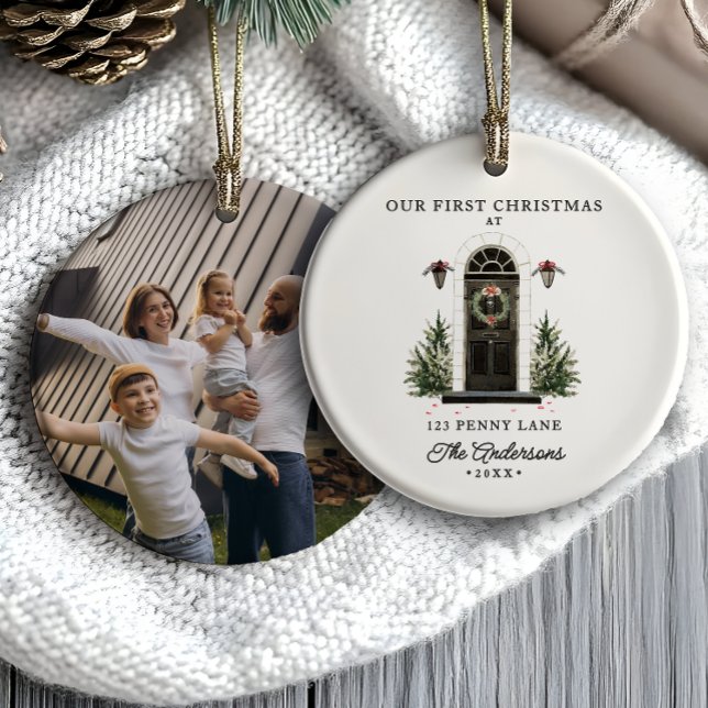 Elegant Modern First Christmas In A New Home Photo Ceramic Ornament (Creator Uploaded)