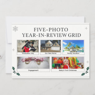 Elegant Modern Five Photo Year in Review Grid Holiday Card
