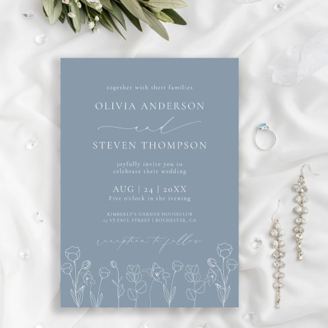 Elegant Modern Flora Dusty Blue Wedding Invitation (Creator Uploaded)