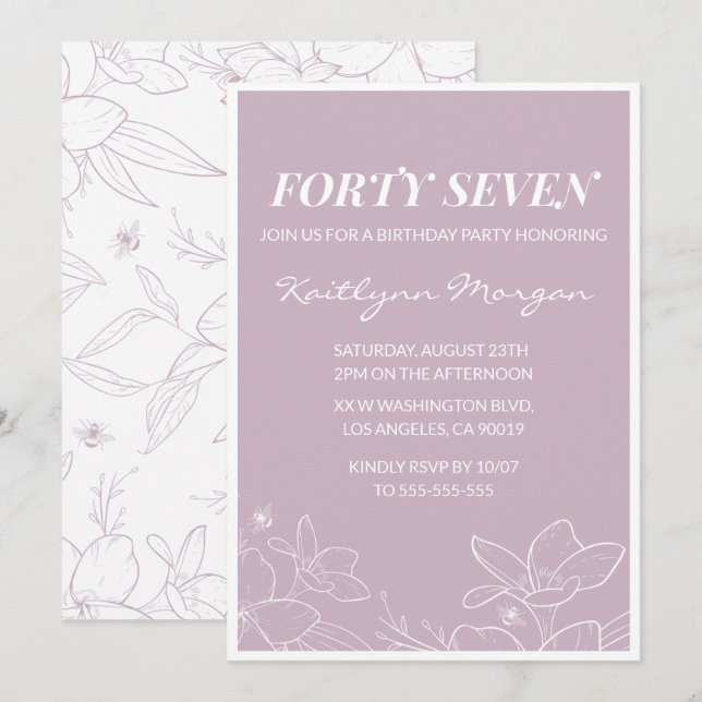 Elegant Modern Floral 47th birthday invitations (Front/Back)