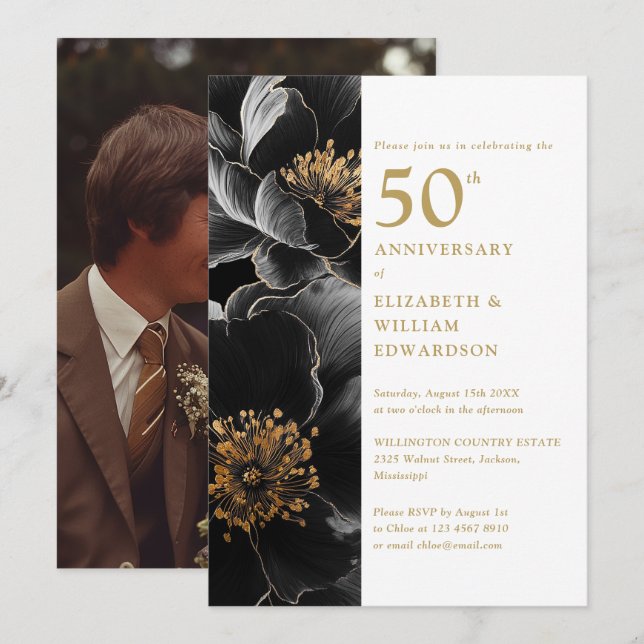 Elegant Modern Floral 50th Anniversary Photo Invitation (Front/Back)