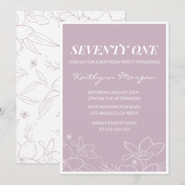 Elegant Modern Floral 71st birthday invitations (Front/Back)