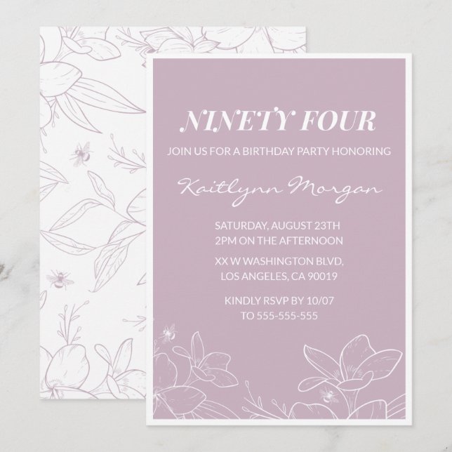 Elegant Modern Floral 94th birthday invitations (Front/Back)