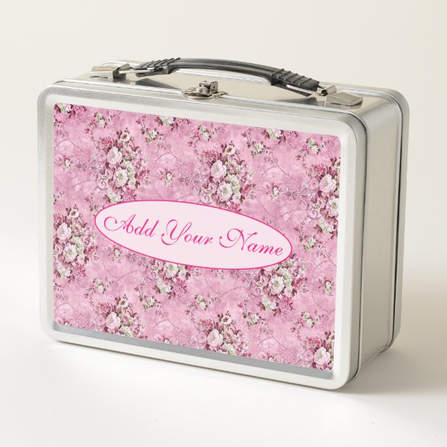 Elegant Modern Floral Add Your Text Metal Lunch Box (Front)