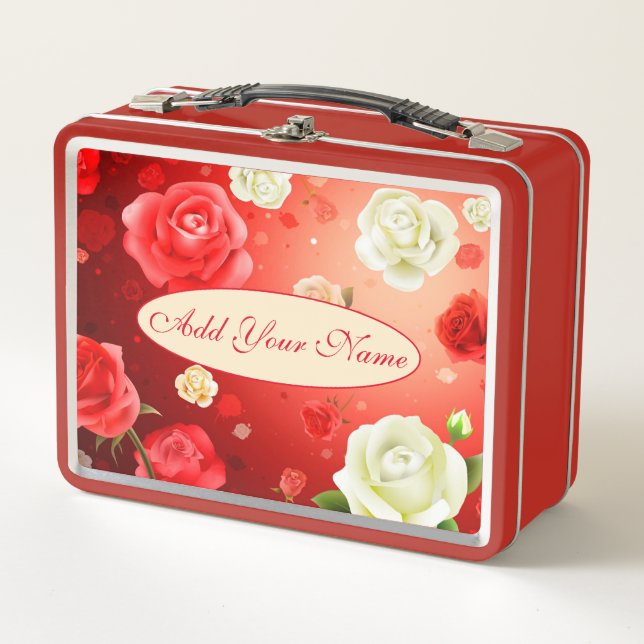 Elegant Modern Floral Add Your Text Metal Lunch Box (Front)