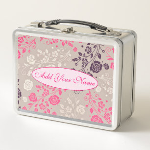 Elegant Modern Floral Add Your Text Metal Lunch Box