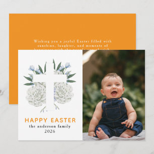 Elegant Modern Floral and Cross Happy Easter Photo Holiday Card