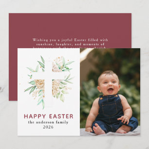 Elegant Modern Floral and Cross Happy Easter Photo Holiday Card