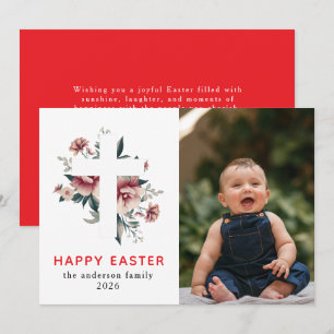 Elegant Modern Floral and Cross Happy Easter Photo Holiday Card