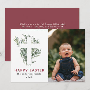 Elegant Modern Floral and Cross Happy Easter Photo Holiday Card