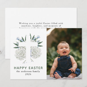 Elegant Modern Floral and Cross Happy Easter Photo Holiday Card