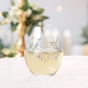 Elegant Modern floral Bird Overlay Flowers wedding Stemless Wine Glass
