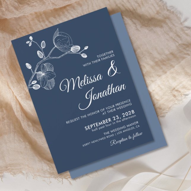 Elegant modern floral blue white orchids wedding invitation (Creator Uploaded)
