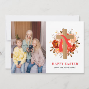 elegant modern Floral Cross Easter family photo Holiday Card