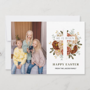 elegant modern Floral Cross Easter family photo Holiday Card