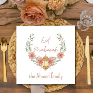 Elegant Modern Floral Eid Mubarak Pink White Napkin