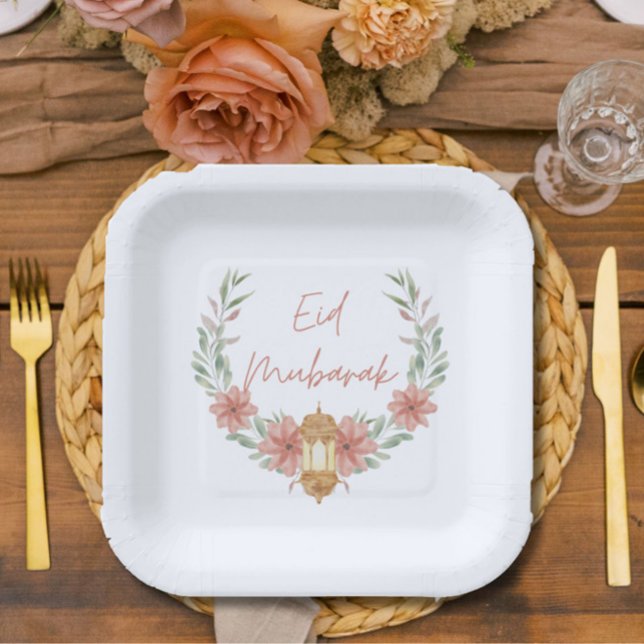 Elegant Modern Floral Eid Mubarak Pink White Paper Plate (Add modern elegance to your Eid table with these fresh floral wreath "Eid Mubarak" paper plates! )