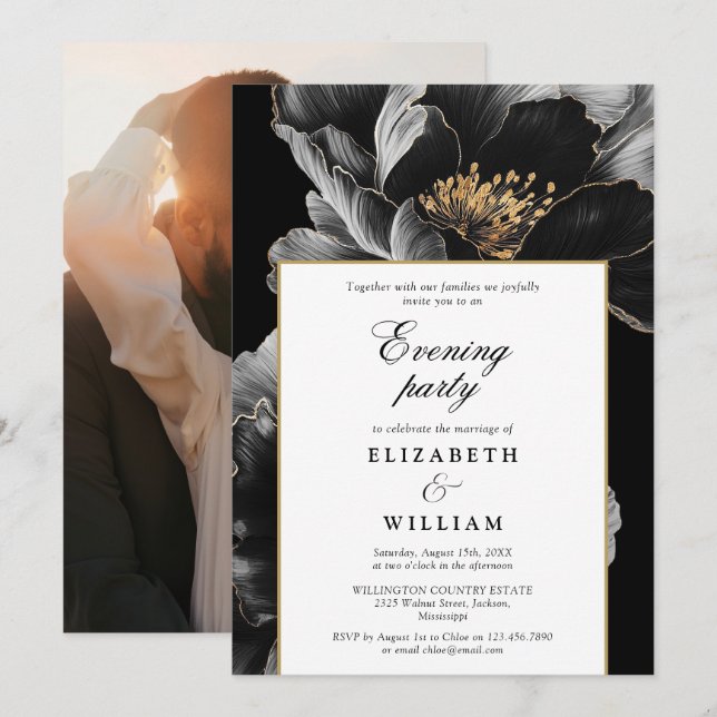 Elegant Modern Floral Evening Party Wedding Photo Invitation (Front/Back)
