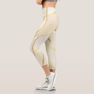 Elegant Modern Floral Gold White Line Collection Capri Leggings