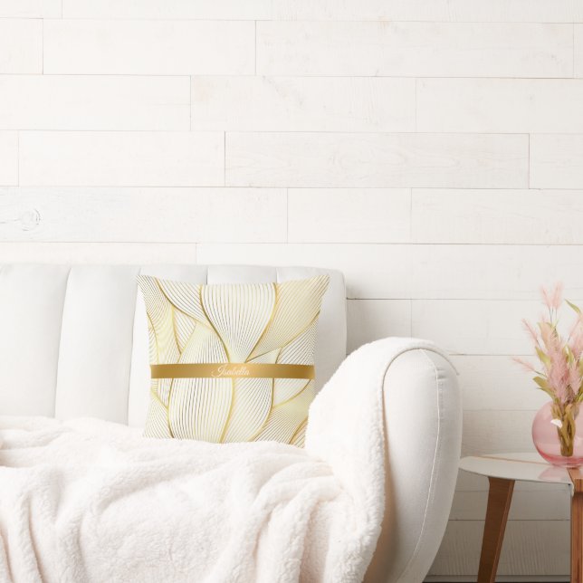 Elegant Modern Floral Gold White Line Collection Throw Pillow (Couch)