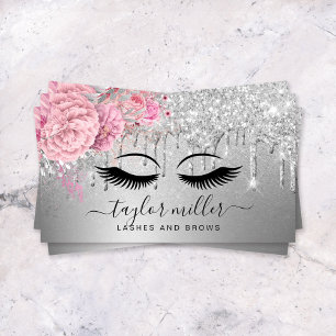 Elegant modern floral pink silver eyelashes  business card