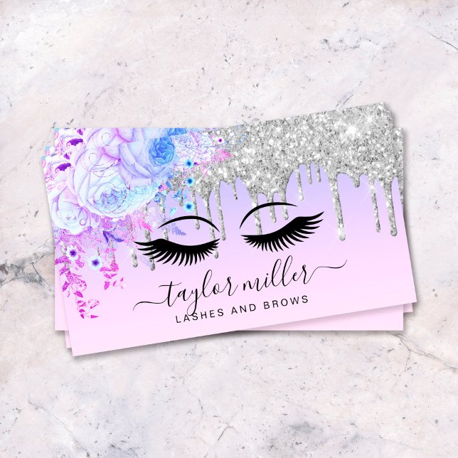 Elegant modern floral purple silver eyelashes  business card (Creator Uploaded)