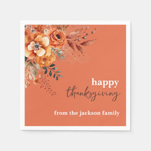 Elegant modern floral thanksgiving orange napkin (Front)