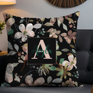 Elegant Modern Floral Watercolor on Black Monogram Throw Pillow