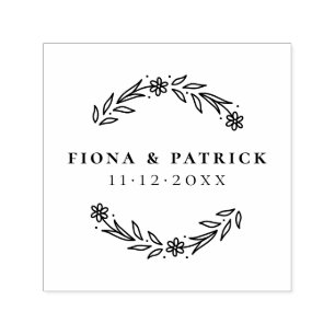 Elegant Modern Floral Wreath Names & Wedding Date Self-inking Stamp
