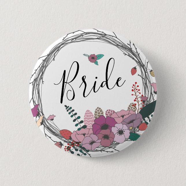 Elegant & modern flower wreath bride 2 inch round button (Front)