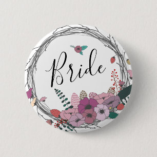 Elegant & modern flower wreath bride 2 inch round button