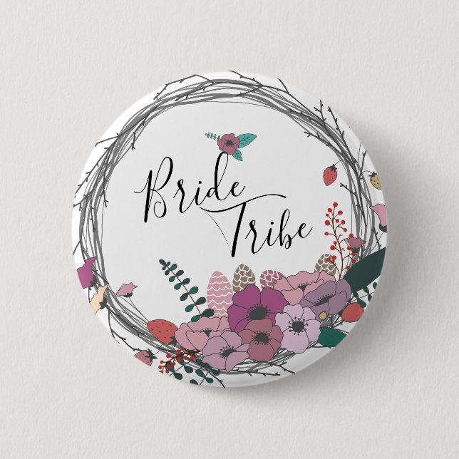 Elegant & modern flower wreath bride tribe 2 inch round button (Front)