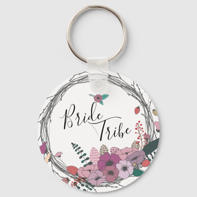 Elegant & modern flower wreath bride tribe keychain (Front)