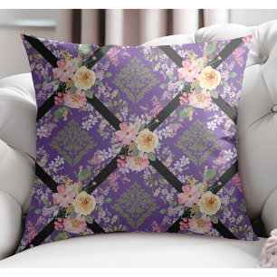 Elegant Modern Flowers and Floral Damask Lavender Throw Pillow