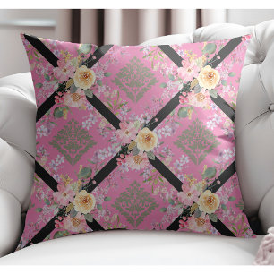 Elegant Modern Flowers and Floral Damask Pink Throw Pillow