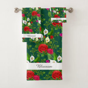 Elegant Modern Flowers and Script on Deep Green Bath Towel Set