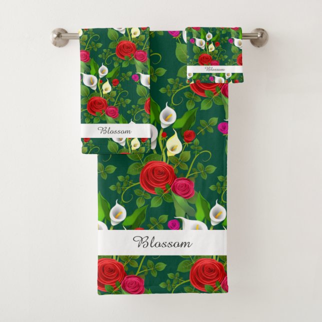 Elegant Modern Flowers and Script on Deep Green Bath Towel Set (Insitu)