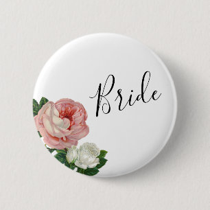 Elegant & modern flowers pink roses bride 2 inch round button