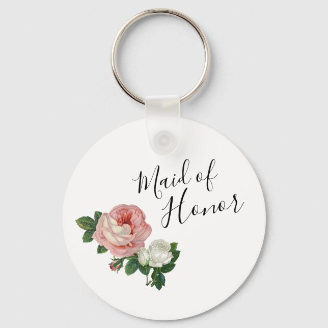 Elegant modern flowers pink roses maid of honour keychain (Front)