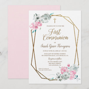 Elegant  Modern Frame WaterColor First Communion Invitation