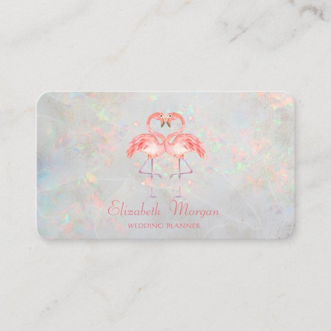 Elegant Modern Funny Flamingos Opal Holographic Business Card (Front)