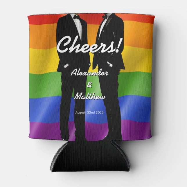 Elegant Modern Gay Men Wedding Rainbow Can Cooler (Front)