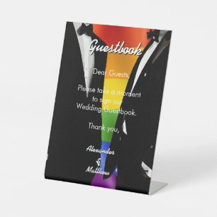 Elegant Modern Gay Men Wedding Rainbow Guest Book Pedestal Sign
