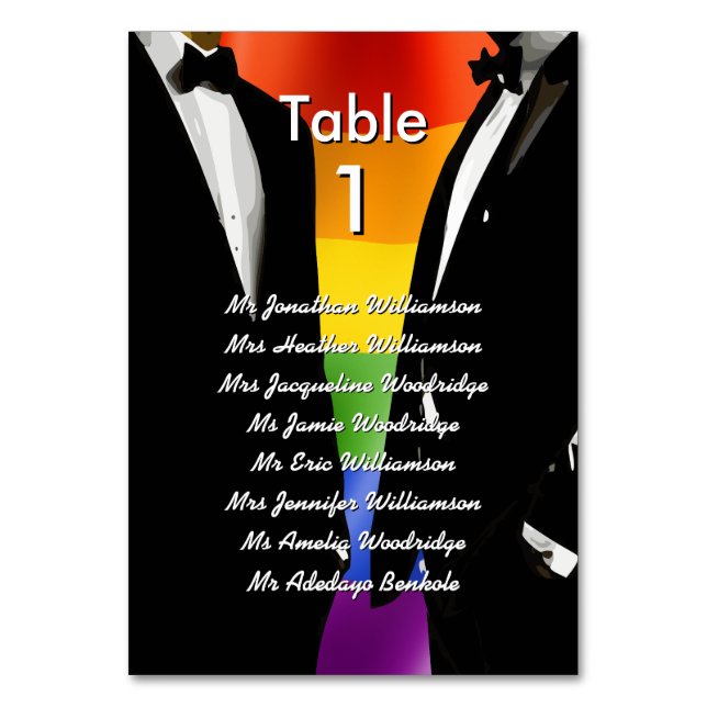 Elegant Modern Gay Men Wedding Rainbow Guest List Table Number (Front)