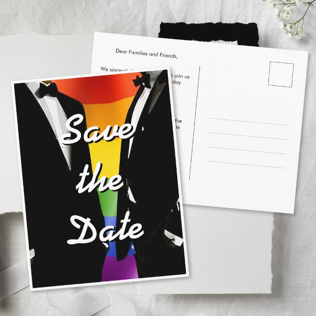 Elegant Modern Gay Men Wedding Rainbow Postcard (Creator Uploaded)