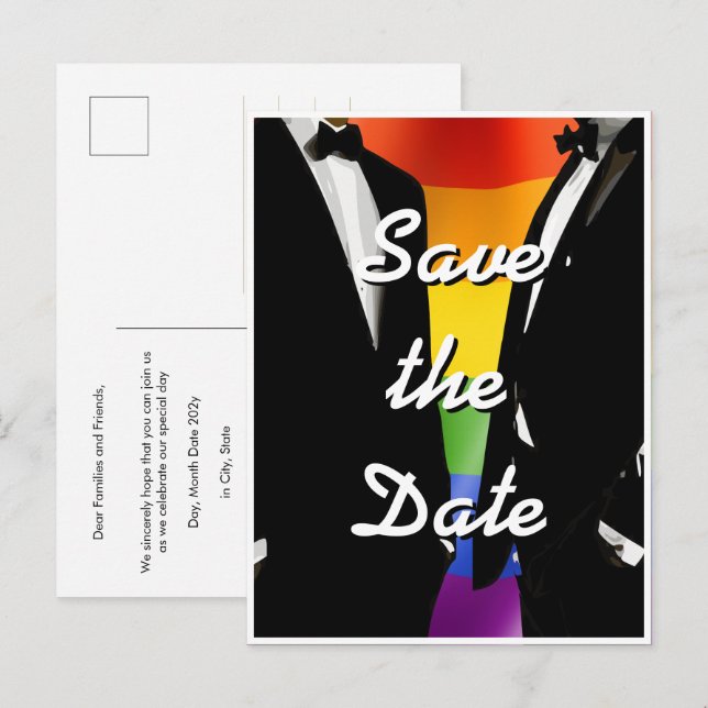 Elegant Modern Gay Men Wedding Rainbow Postcard (Front/Back)
